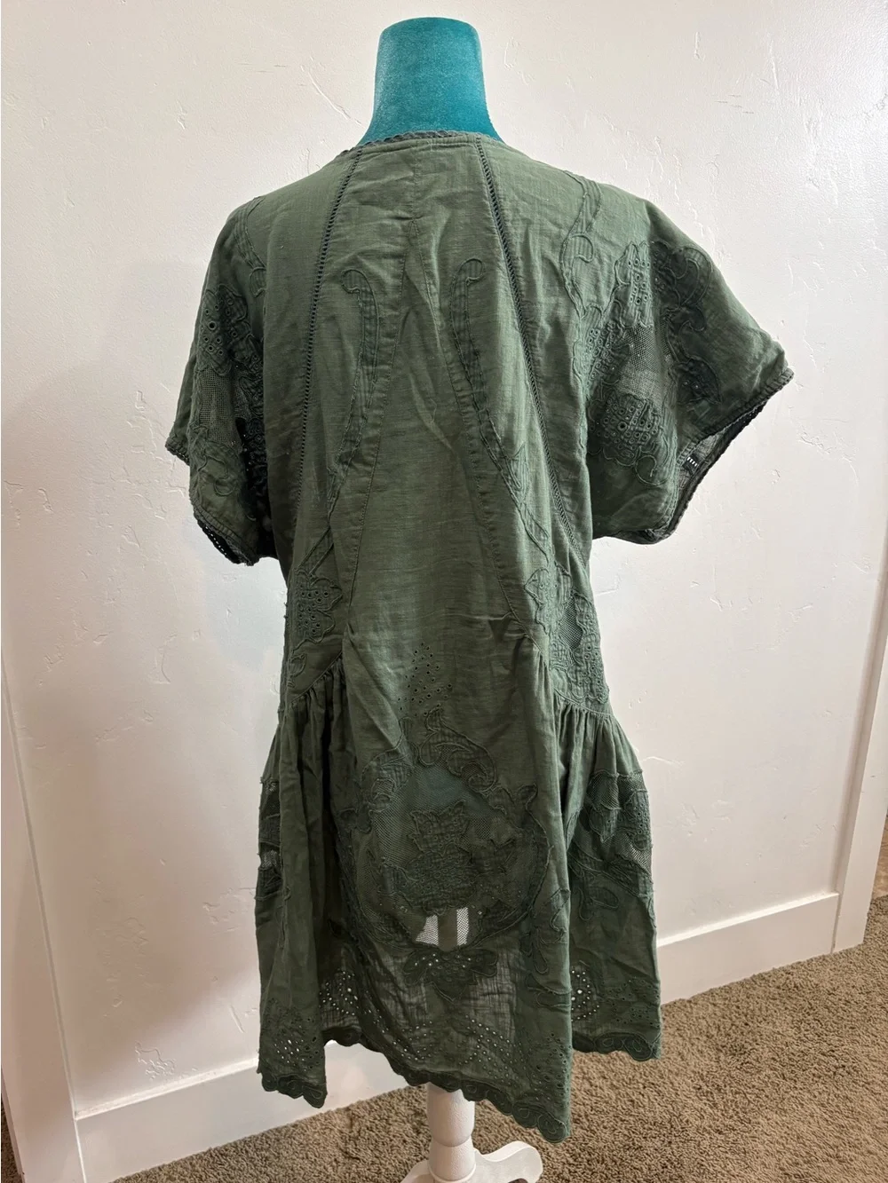 Free People Olive Green Embroidered Eyelet Boho Mini Dress Size L